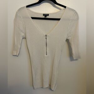 Express Cream Ribbed V-Neck Top